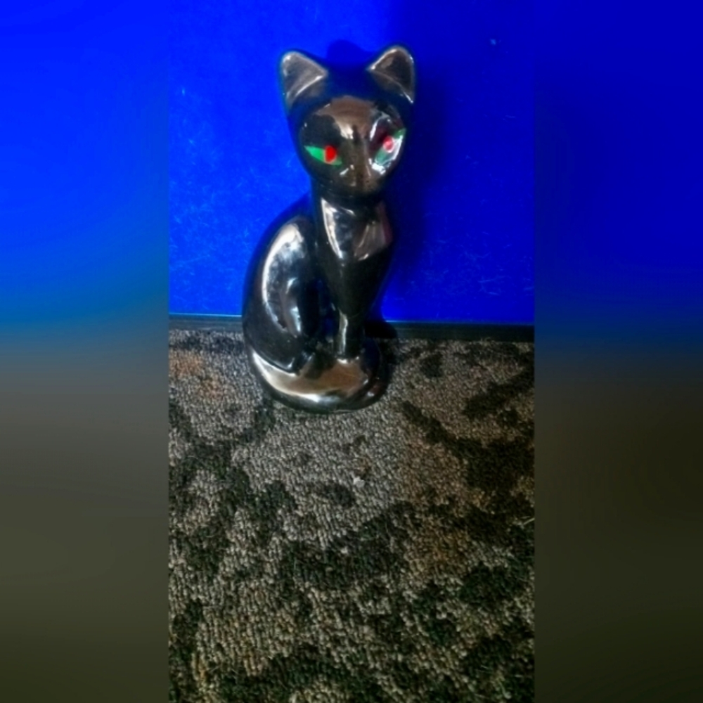 Black Ceramic Cat Figurine almost 9 inch tall MCM area vintage 1960s